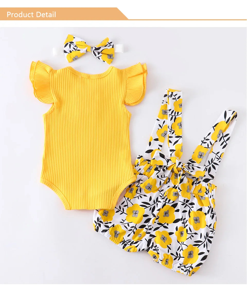 Summer Baby Girl Clothes Set Fashion Newborn Infant Knitting Cotton Ruffles Romper Shorts Bow Headband 3Pcs For Toddler Outfits