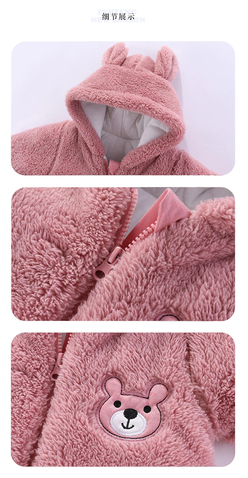 Baby Boy Clothes Cute Plush Bear Baby Rompers Autumn Winter Keep Warm Hooded Infant Girls Overall Jumpsuit Newborn Romper 0-18M