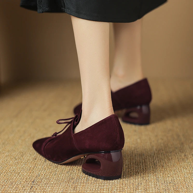 2025 New Women Pumps Sheep Suede Leather Shoes for Square Toe Low Heel Shoes Casual Lace-up Handmade Shoes 34-42 Women Heels