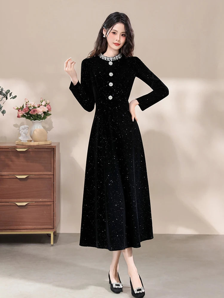 Formal Occasion Black Shiny Slim Long Evening Dress Women Clothes Elegant Luxury Lady Fashion Party Prom Birthday Vestids Retro