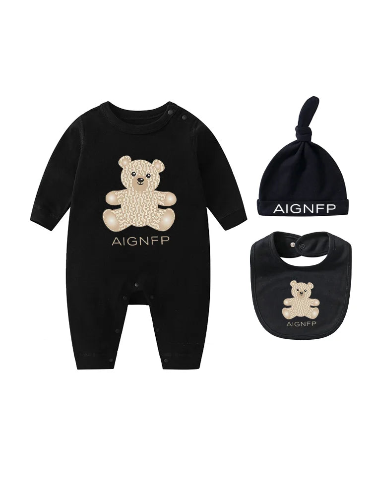 Cute Bear Jumpsuit Newborns Autumn Clothes 2025 Hot Sale New Soft Bib scarf Hat Toddler Romper Sets Baby Long sleeves Bodysuits