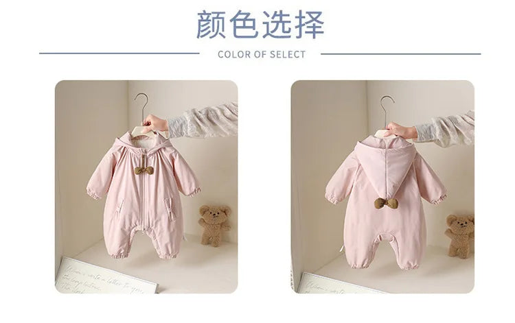 Winter Rompers Baby Girls Clothes Korean Fashion Pink Cute Hooded Bow Warm Thicker Jumpsuit Infant Costume Newborn Items B383