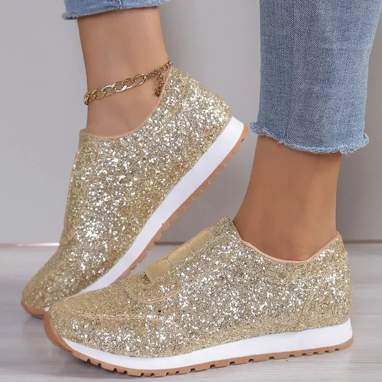 2025 Autumn New Fashion Slip-on Low-heeled Women's Sneakers Gold Silver Trend Sport Shoes Ladies Outdoor Casual Walking Shoes