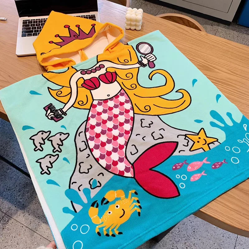 60-120cm Kids Hooded Bath Beach Poncho Towels Baby Quick Dry Bathrobe Child Cartoon Cloak Poncho Towels Microfiber Swim Cover-up