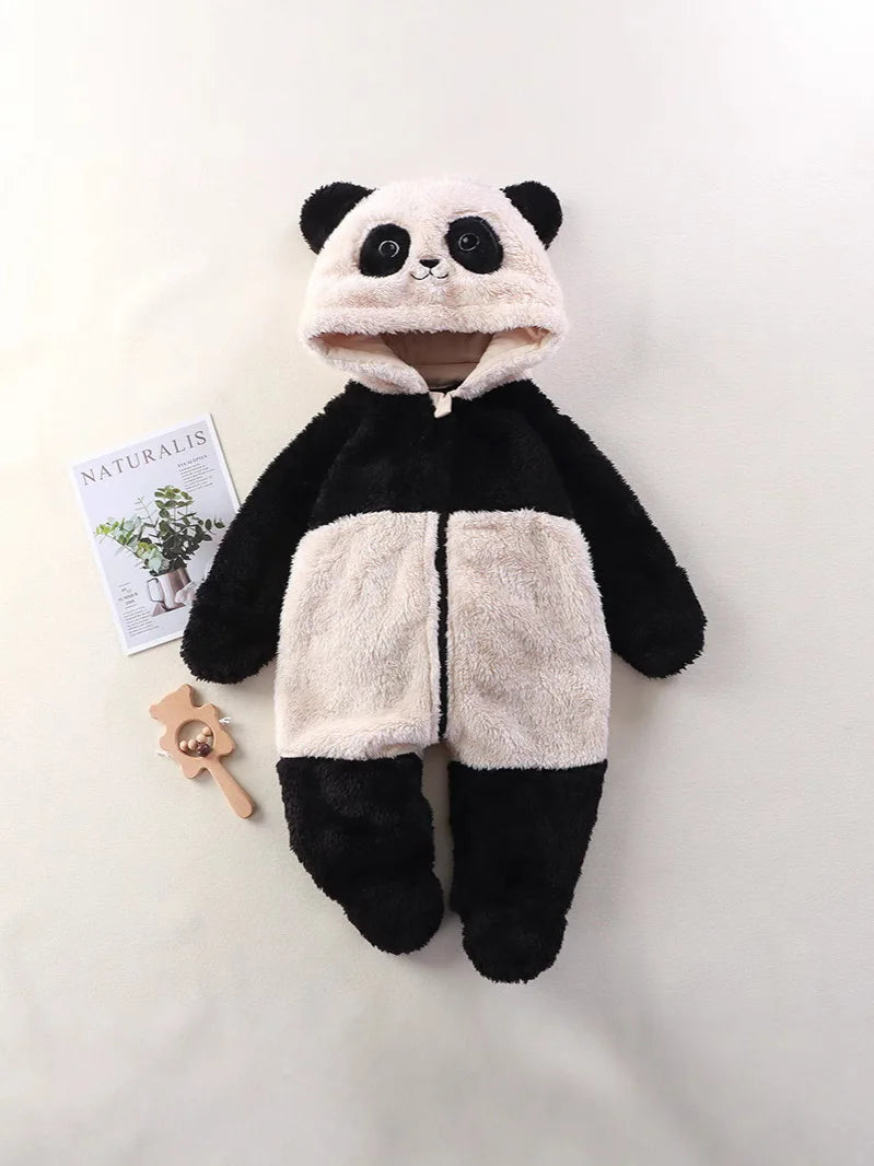 Cute Panda Print Baby Onesie, Winter Footed Pajamas Romper for Newborn & Toddler Girls, Cozy Home Wear Jumpsuit