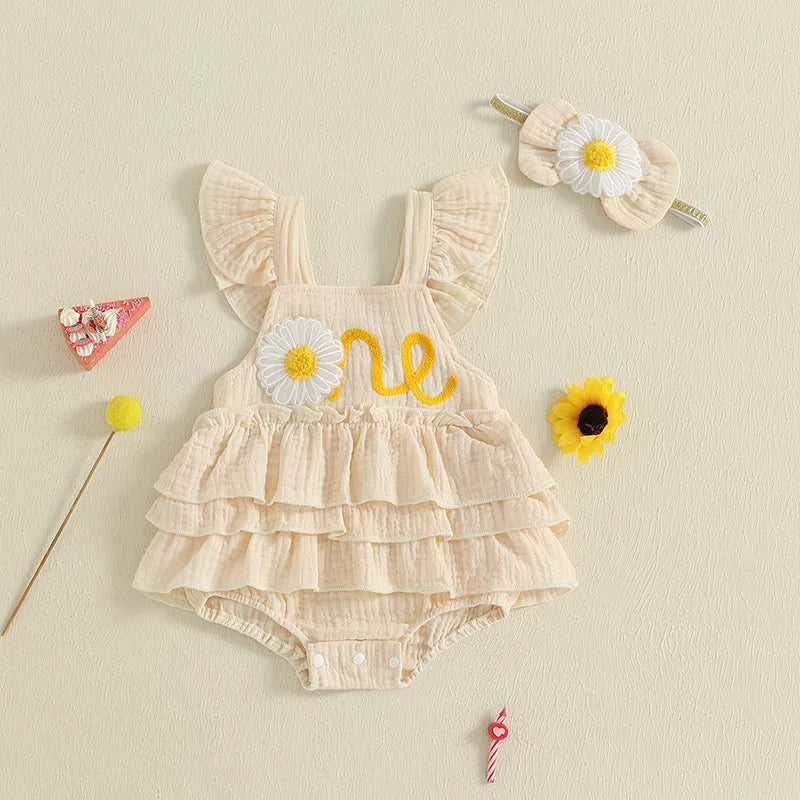 Newborn Baby Girls 1st Birthday Romper Dress Summer Cute Daisy Letter Embroidery Fly Sleeves Ruffles Jumpsuit and Headband Set
