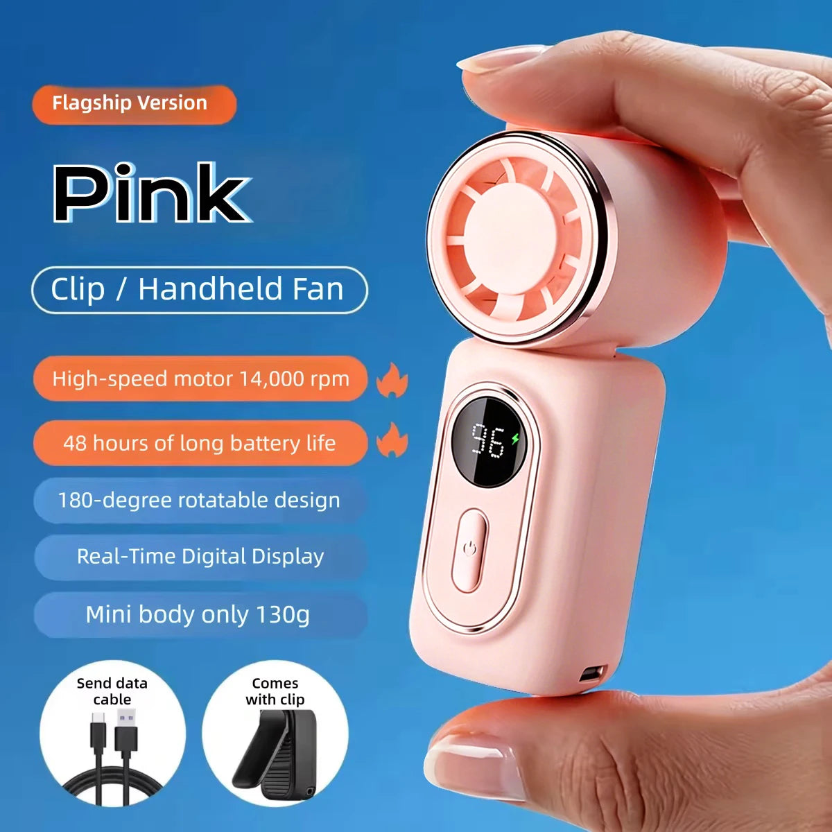 Lady's Mini Fan Handheld Small Portable Fan Cooling Turbo 5 Speeds 3000mAh LED Display 180° Rotatable Clip Rechargeable Fans