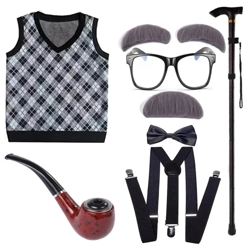 Halloween Children's Day Kids 100 Days Of School Costume For Boy Grandpa Vest Wig And Beard Granny Dress Up Props Carnival Party
