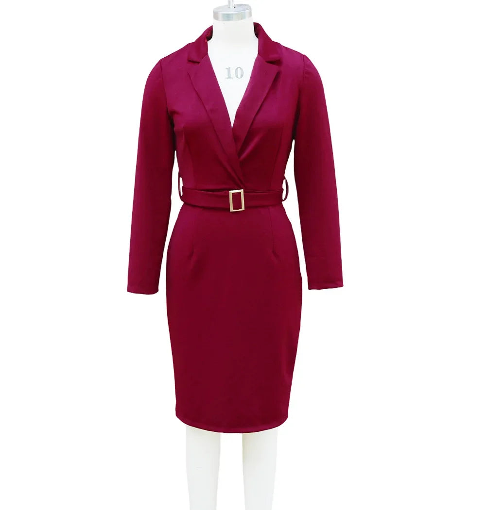 Elegant Office Dress High Waist Suit Collar Belted Style Autumn New Arrival Women's Fashionable Gown by None( AE Stock)