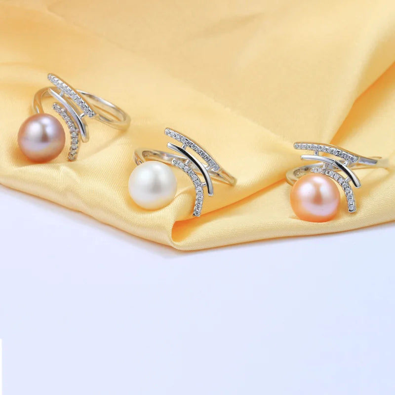 YWYC 8-9mm Natural Freshwater Pearl Rings for Women 925 Sterling Silver Crystal Zircon Adjustable Rings Jewlery Gift Wholesale