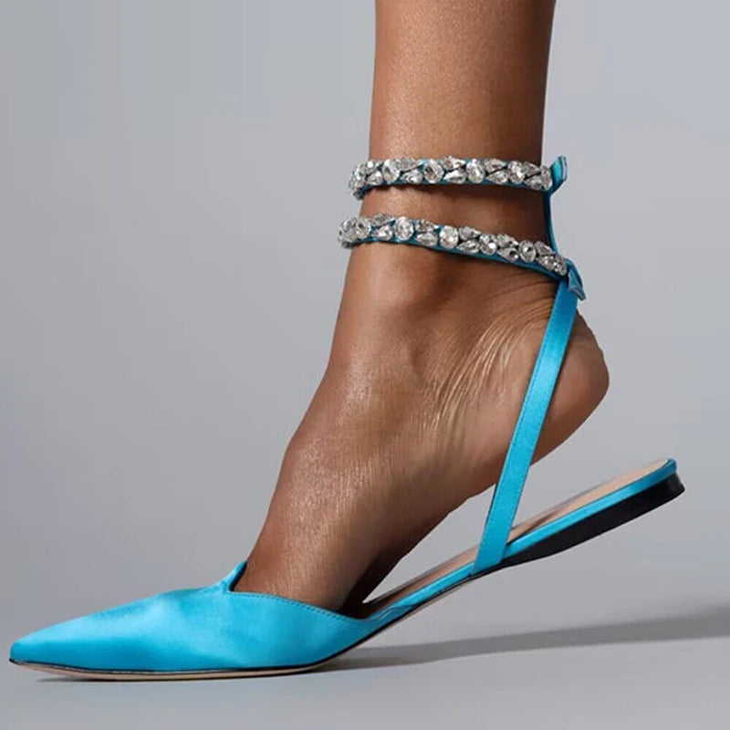 Shiny Crystal Flat Heels Gladiator Sandals Women Sexy Pointed Toe Pink Party Shoes Woman Plus Size 42 Ankle Straps Pumps Lady
