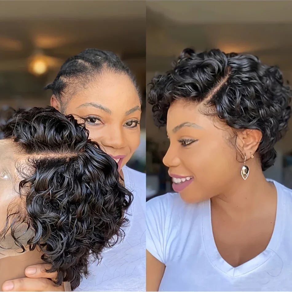 13X4 Lace Side Part Pixie Cut Water Curly Wig Short Inch Hair Wig Malaysian Hair 100% Human Hair Natural Color Lace Frontal Wig