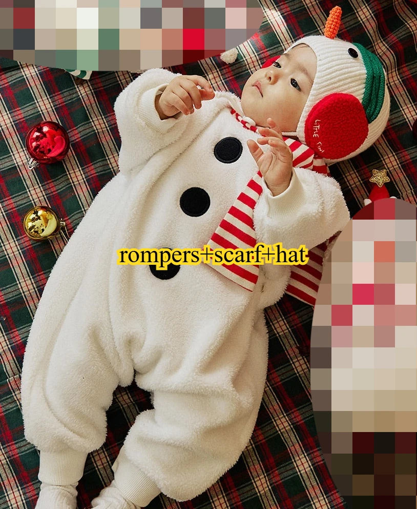 2025 New Christmas Onesie Baby Girls Boys White Fleece Warm Rompers Jumpsuit+Scarf+Cute Snowman Hat Toddler Xmas Outfits A8198