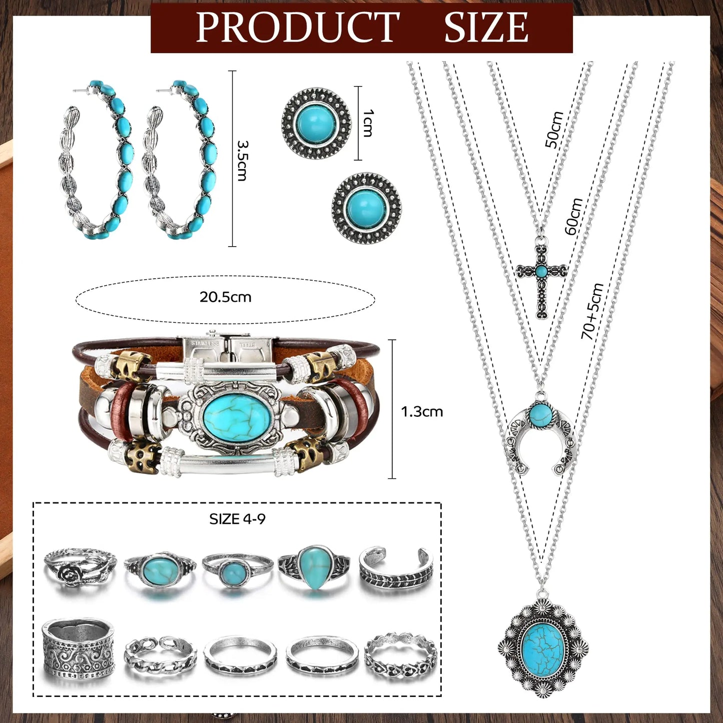Turquoise Jewelry Set For Women Men Pendant Necklace Western Dangle Earrings Faux Leather Bracelets Boho Rings Set Jewelry Gift