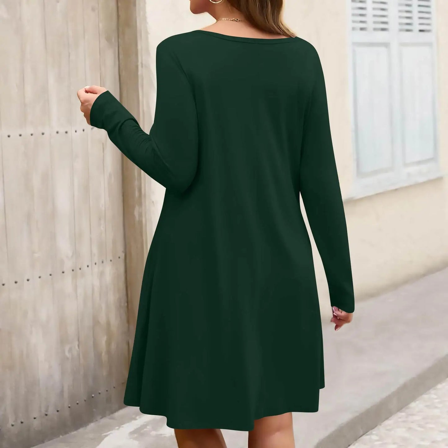 Plus Size Dress for Women Solid-Colour Casual Dress Spring/Autumn Pocket Round Neck Long-Sleeved Dresses vestidos femenino
