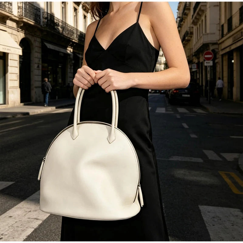 Fashion Luxury Seashell Shoulder Bag Korean Style Solid Color Minimalist Handbag Zippered Large Capacity Soft Leather Tote Bag