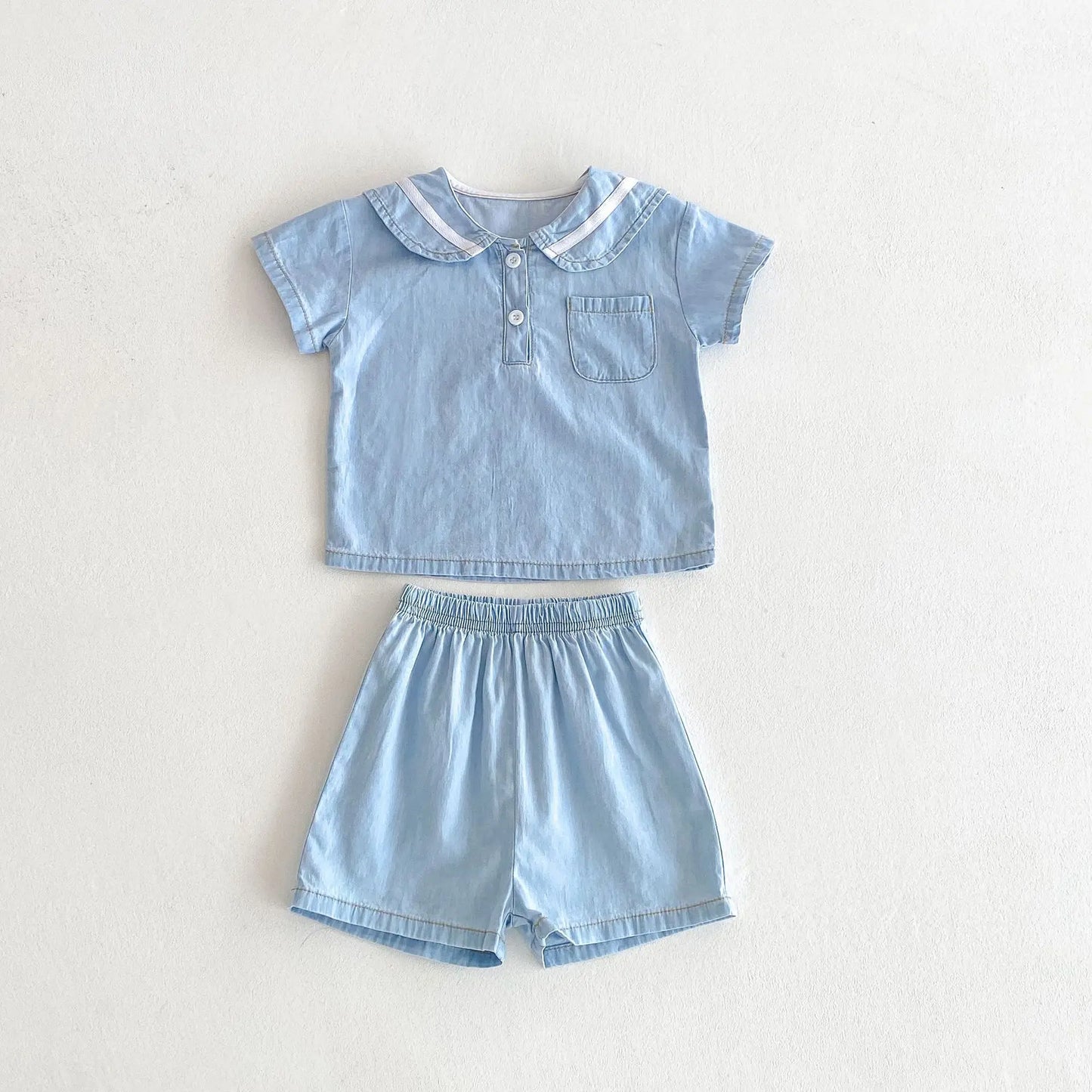 2025 Summer New  Korean Style Baby Short Sleeve Denim Set Sailor Collar Sleeve T-shirts Top Tees+Kid Shorts  two-piece set  0-4T