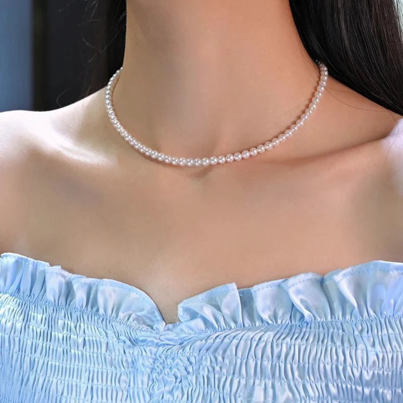 Fashion Elegant White Imitation Pearl Chokers Necklace For Women Men Wedding Banquet Necklaces Vintage Handmade Jewelry Gift