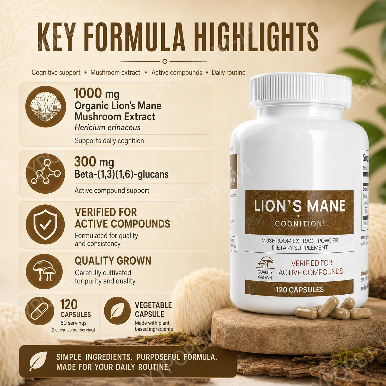 Lion’s Mane Mushroom Extract Capsules 1000mg, 300mg Beta Glucans, 120 Count, Vegan Non-GMO Gluten Free Daily Blend