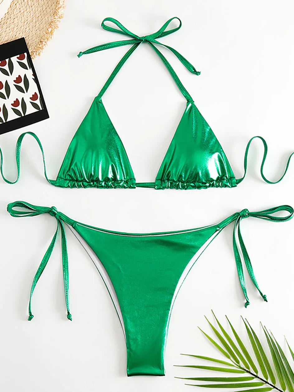 Sexy Metallic Halter Bikinis Sets Lace Up Triangle Tie Side Bikini 2026 Swimsuit Women Swimwear Brazilian Female Bathing Suits