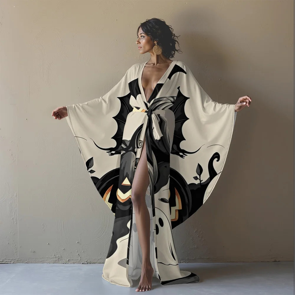 Halloween Cosplay Women's Sexy V-Neck Robe with Abstract Ghost Print - Long Sleeve Party Costume Unique Vampire Witch Long Robe