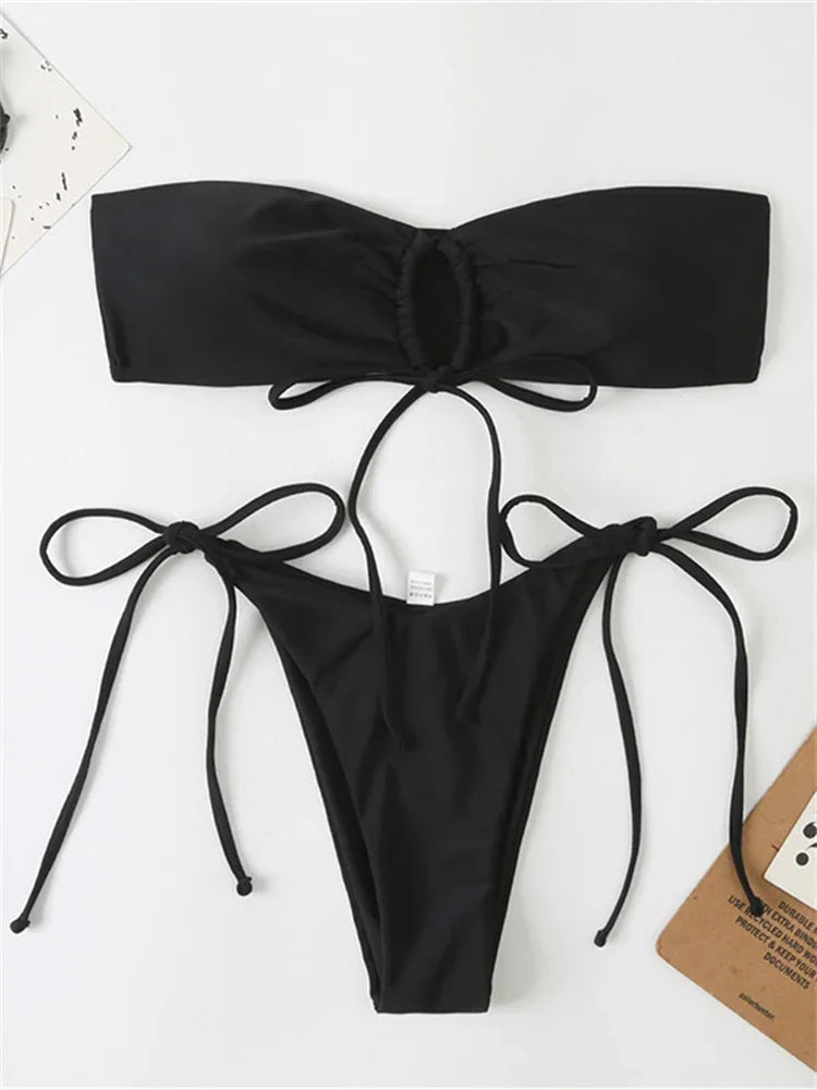 Sexy Bandeau Bikini Swimwear Women Red Black Pleate Lace Up Swimsuit 2026 Cut Out Beach Bathing Suit Tie Side Thong Bikinis Sets