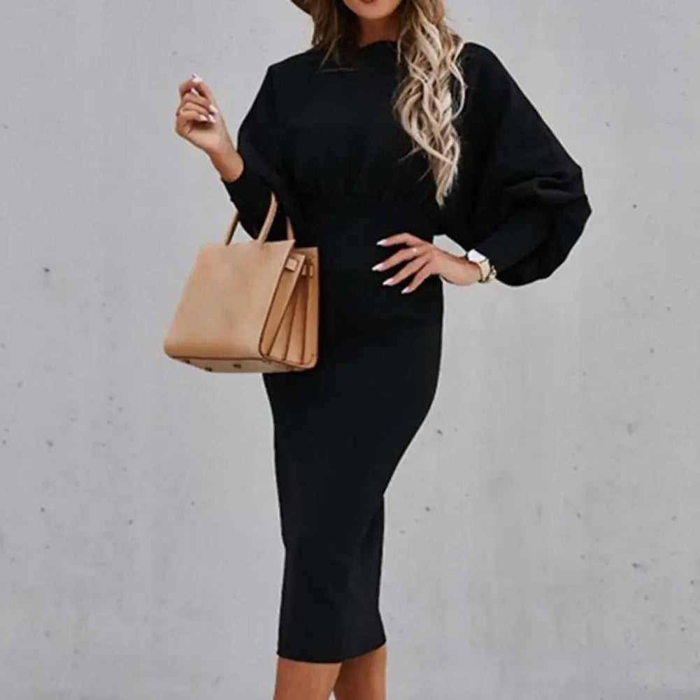 Fashion Office Dress O-Neck Warm Soft Texture Pure Color Bodycorn Office Dress