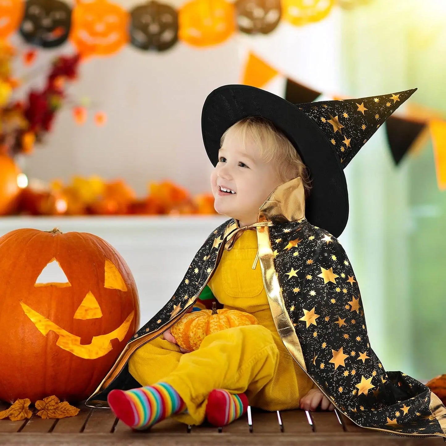 2 Sets Kids Halloween Costumes Witch Cloak Witch Cape & Hat Children Dress up kit-Cosplay Party Accessories for 3-12 Years Kid