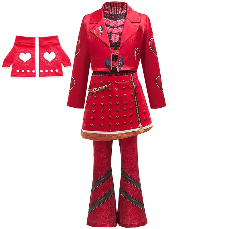 2026 New Movie Cosplay Outfit Girls Red Heart Printed 4Pcs Dress Set Jacket+Top+Skirt+Pants Halloween Costume Descendant Cosplay