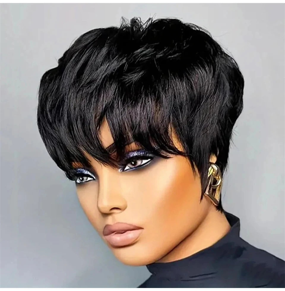 Short Pixie Cut Wig Human Hair Ready to Wear Brazilian Human Hair Bob Wig for Women Black Color Full Machine Short Straight Wigs