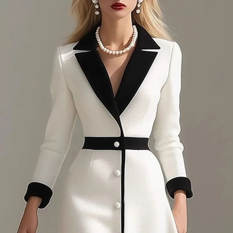 French Color Block Notched Collar Blazer Dresses Woman Button Decoration A-Line Office Dress Fall 3/4 Sleeve Elegant Party Dress