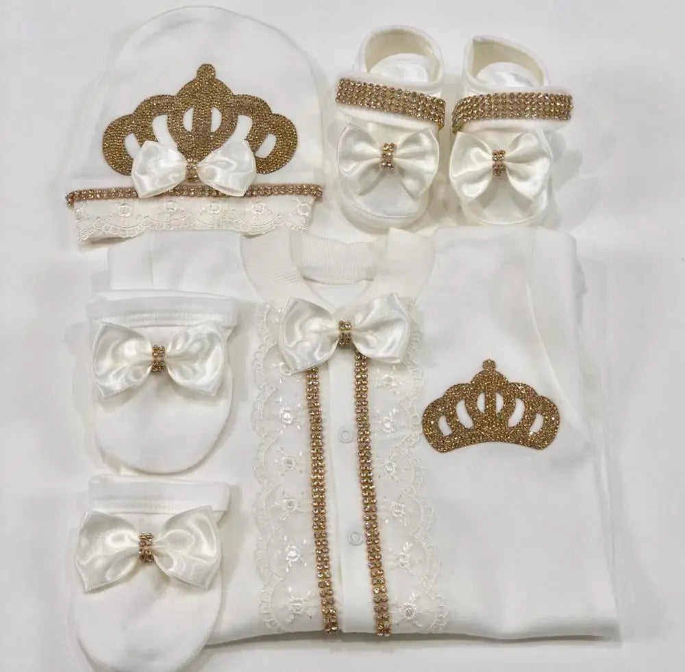 Dollbling Baptism Outfit Boy Prince Luxury Bling Christening Coming Home Romper Bonnet Set Mittens Nursery Hospital Clothing set