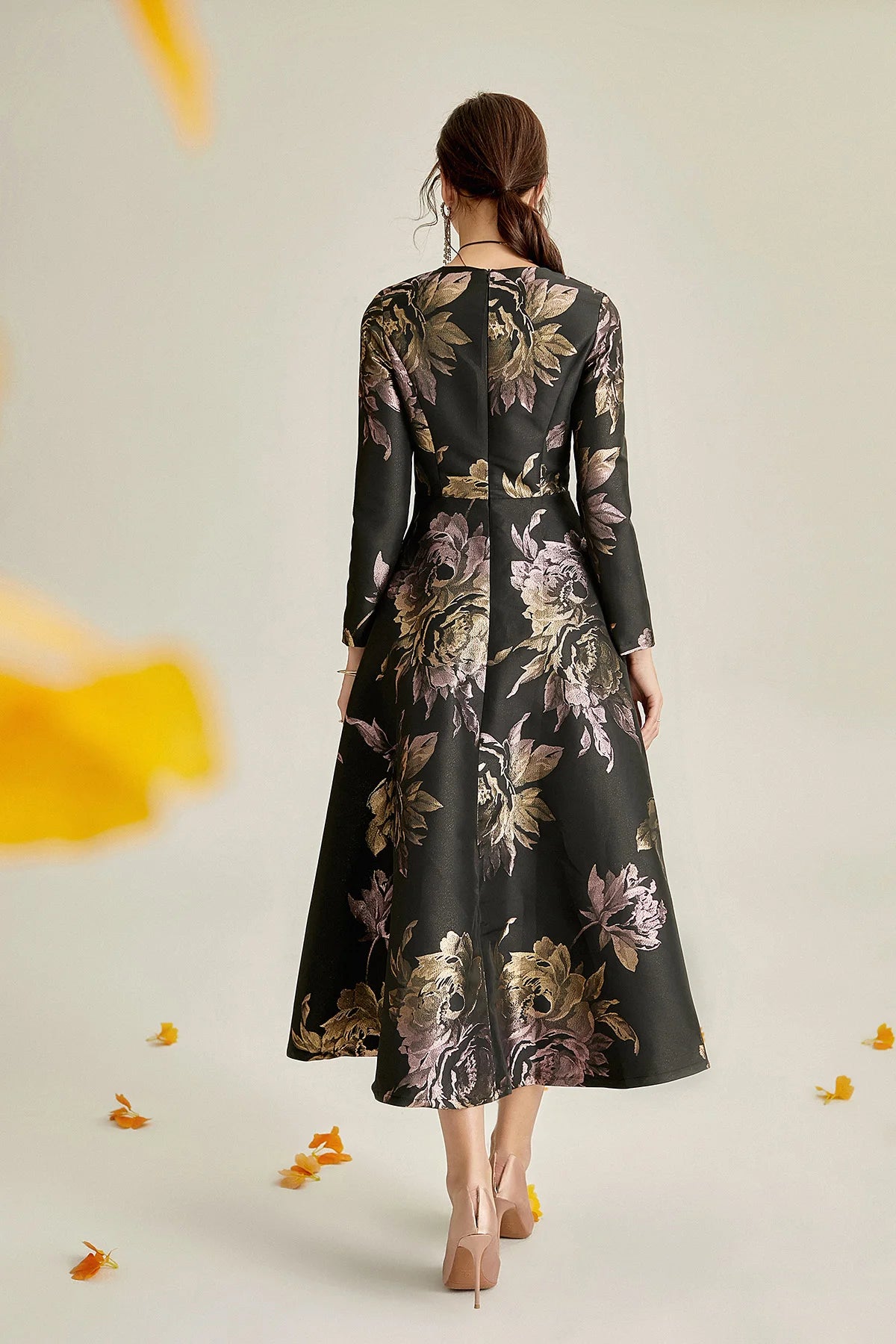 Plus Size Evening Dress - Black and Gold Jacquard Satin Waist-Defining Tummy-Control Long Sleeve Elegant Flared Dress