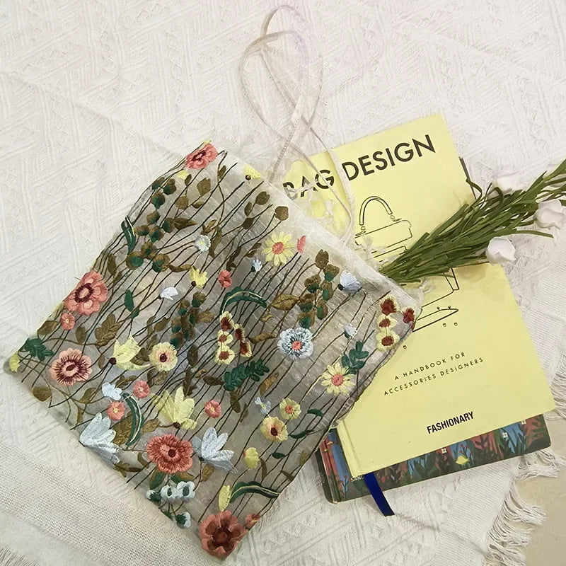 1Pc Fashion Tote Summer New Style Mesh Full Embroidery Flowers Clear Shoulder Bag Romantic Handbag Women's Eco Shopping Bag 2025