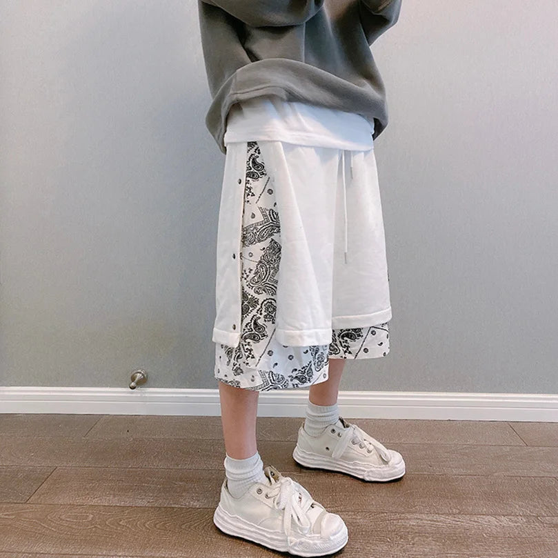 Men's Faux 2 Layer Breasted Bandana Shorts Spring Summer High Street Pants Oversize Paisley Harajuku Hip Hop Trousers 2025 Z1