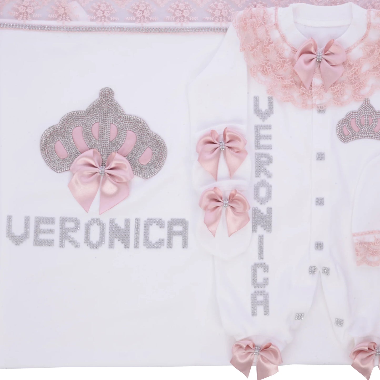 5pcs Baby Girl Outfits Set Welcome Home Hosptial Infant Receiving Blanket Pillow Bed Hat Mittens Romper Set