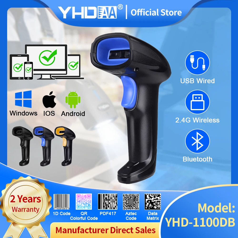 YHDAA Handheld Bluetooth Wireless 2D Barcode Scanner 1800mAh Support 20 Hours Continuous Scanning QR Code Reader