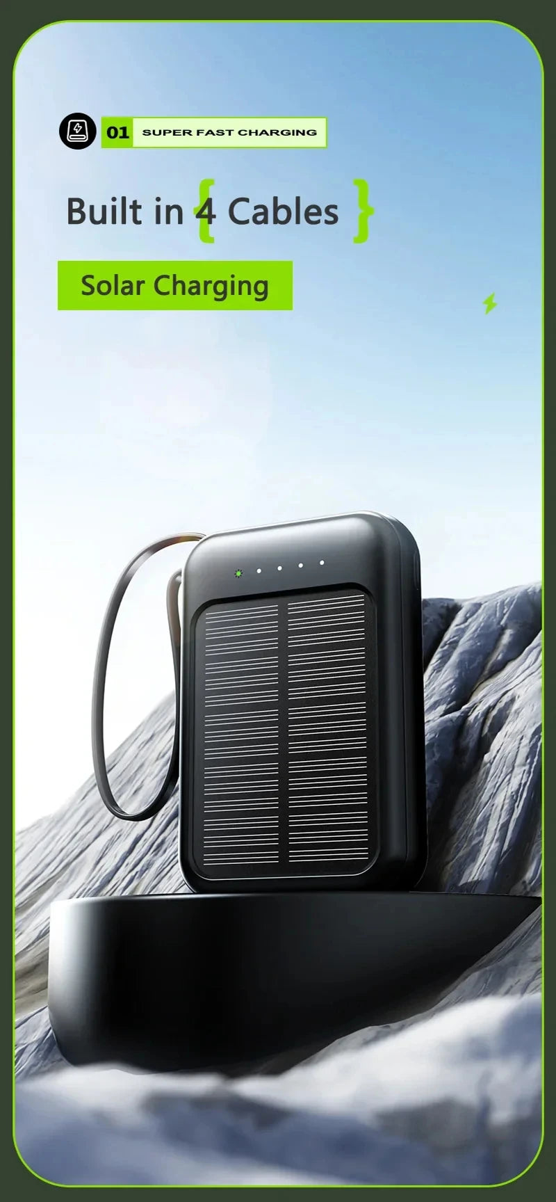 50000mAh High Capacity Solar Power Bank Built in Cable Solar Charger 2-USB Ports External Charger Power Bank LED Light 2026 New