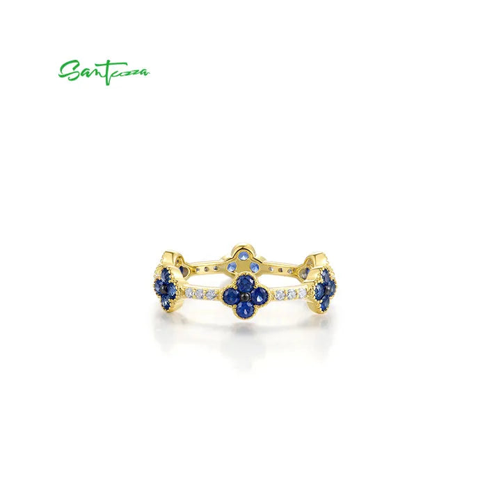 SANTUZZA 925 Sterling Silver Stackable Ring For Women Created Ruby Sapphire White CZ Delicate Flowers Wedding Gifts Fine Jewelry