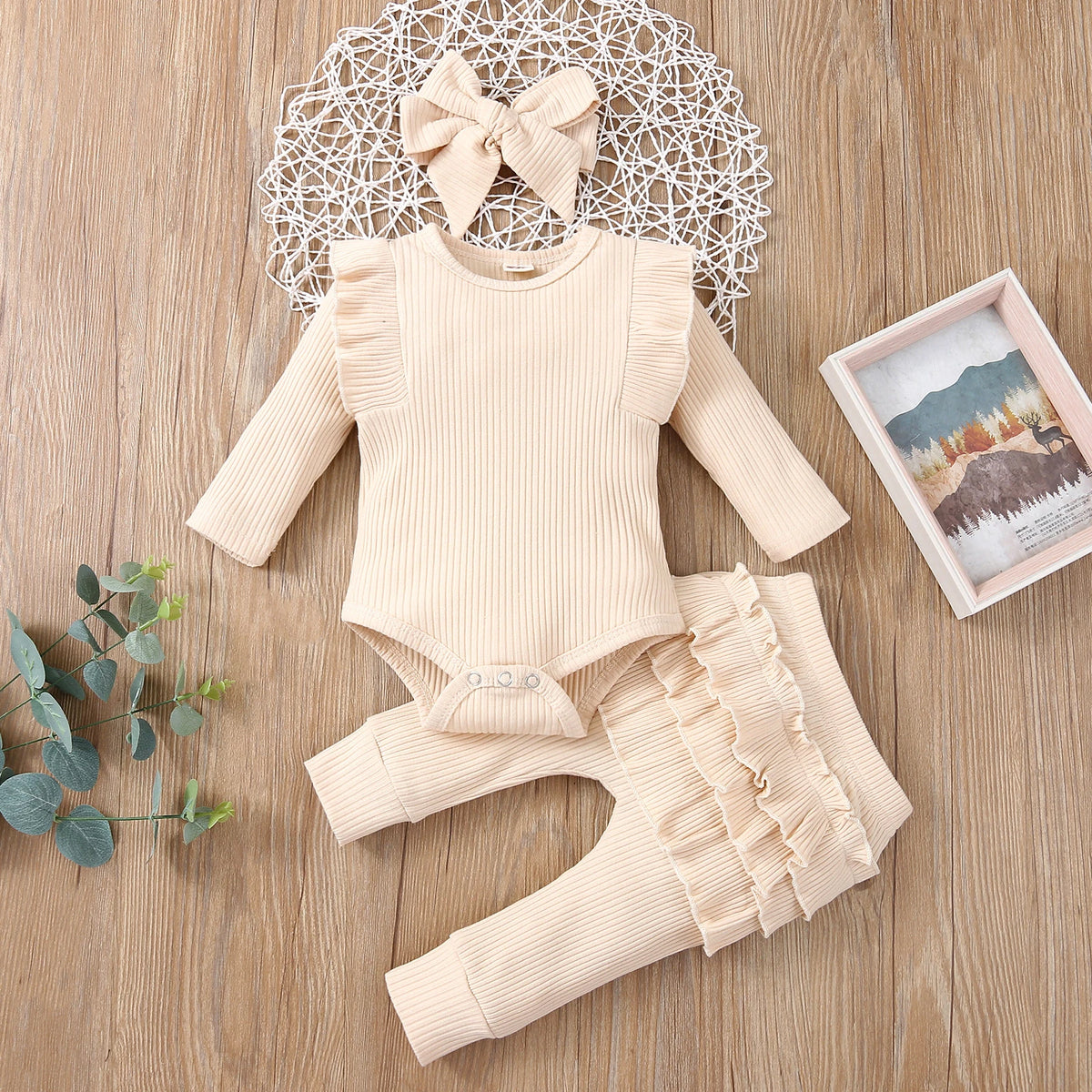 3Pcs Baby Girl Outfit Set Newborn Toddler Kids Clothing Set Baby Girls Lace Ruffles Cotton Bodysuit +Pants+Headband Clothing