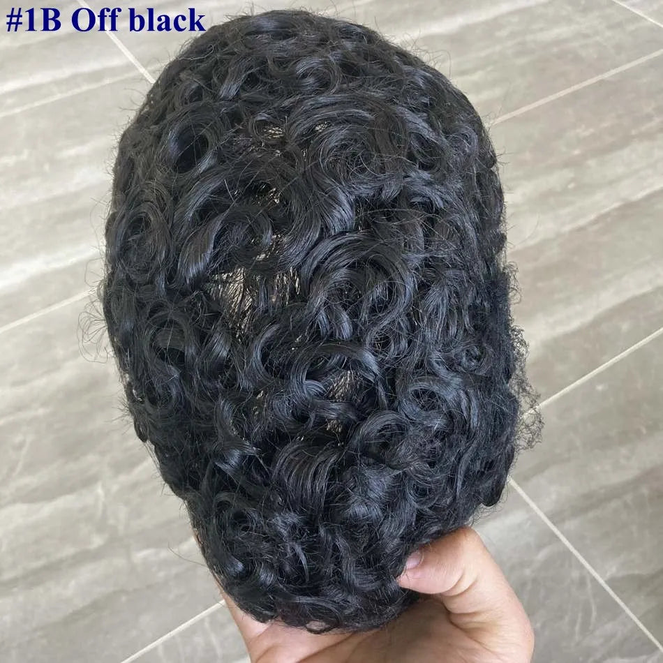 100% Human Hair Man 25mm Loose Curly Hair Replacement System Durable Skin Base Brown Gray Blonde #4 1B65 Prosthesis Hairpieces