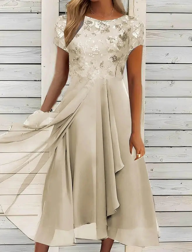 New 2025 Women's Lace Dress for Party Elegant Bride Wedding Dress Plus Size Jewel Neck Knee Length Chiffon Lace Long Party Dress