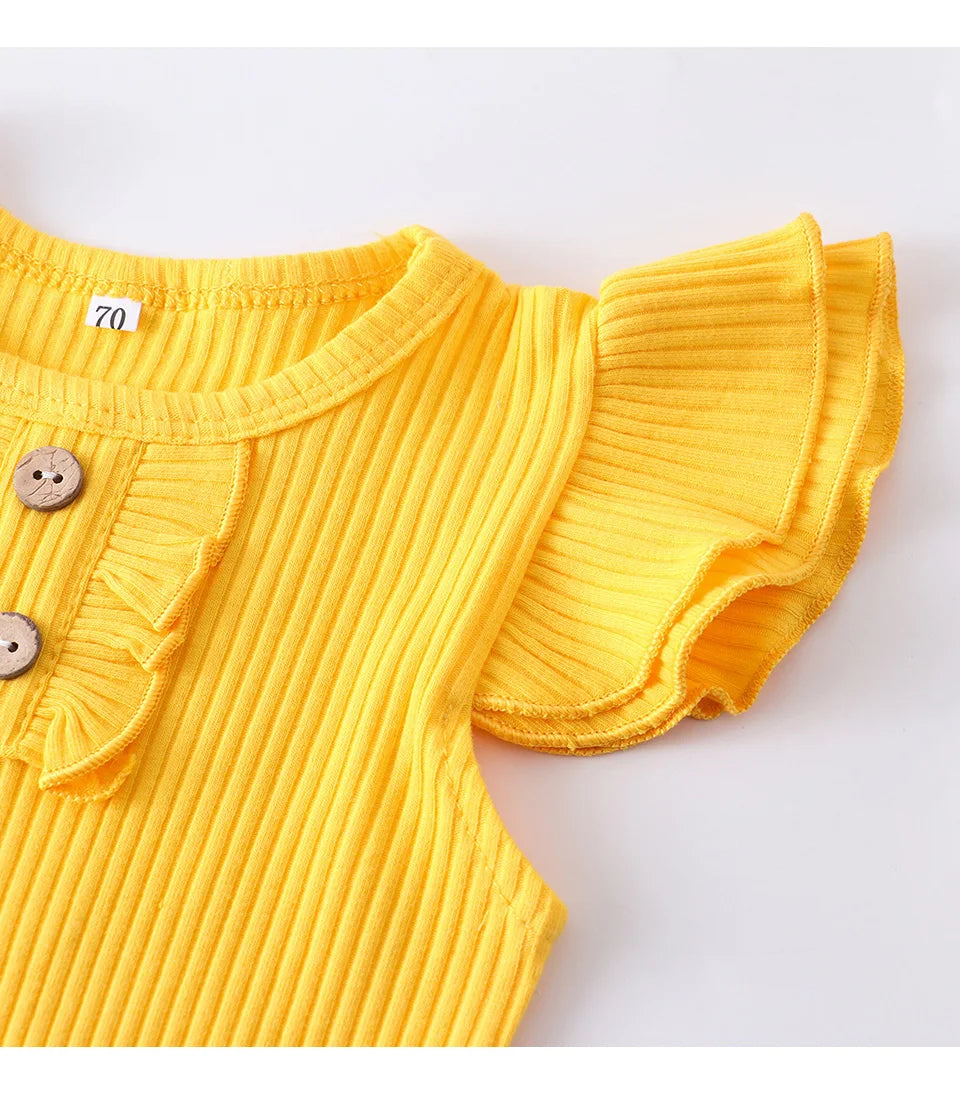 Summer Baby Girl Clothes Set Fashion Newborn Infant Knitting Cotton Ruffles Romper Shorts Bow Headband 3Pcs For Toddler Outfits