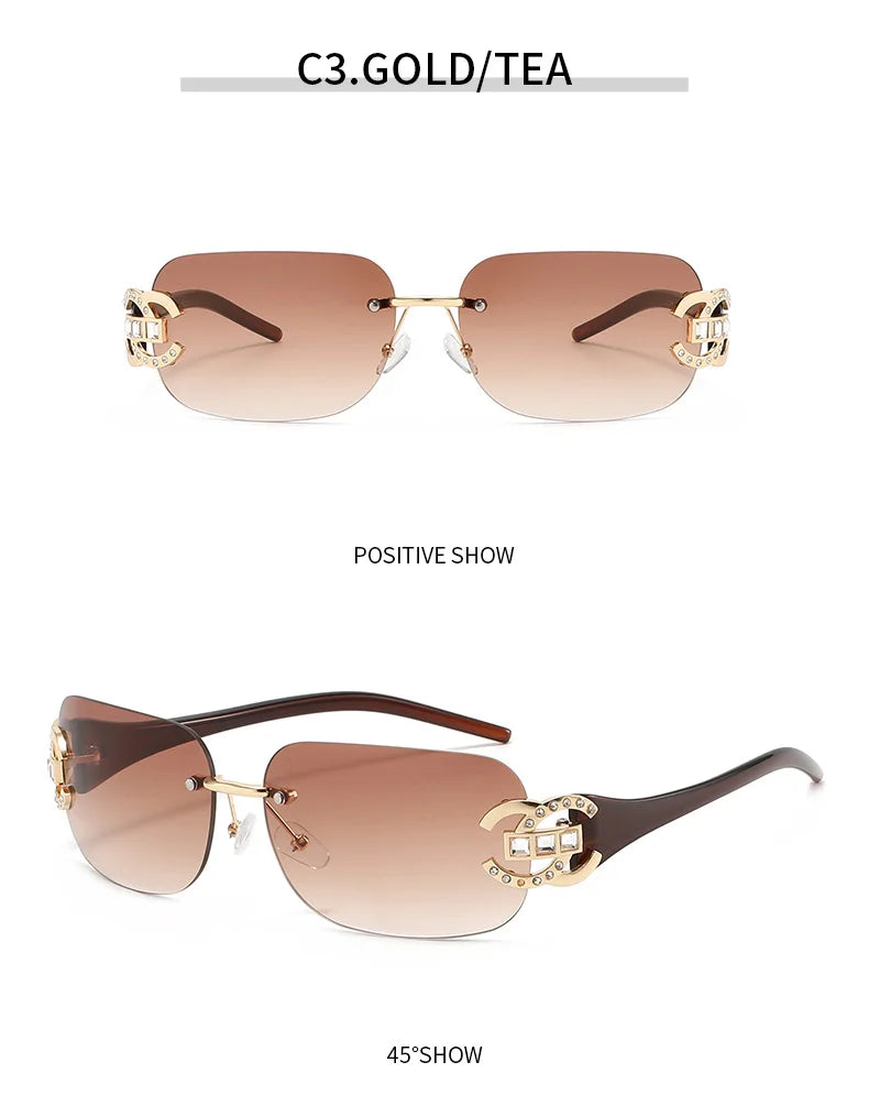 Sexy Popular Ins Rimless Square Sunglasses for Women Luxury Brand Design Diamond Punk Sun Glasses Cute Pink Shades Girls Eyewear