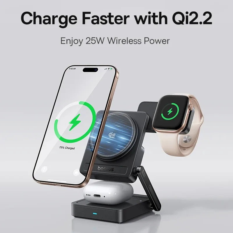 Baseus 3 in 1 Magnetic Wireless Charger Qi2.2 35W Fast Charging for IPhone 17 16 15 14 IWatch Earbuds AirPods Pro IWatch