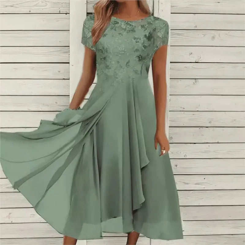 New 2025 Women's Lace Dress for Party Elegant Bride Wedding Dress Plus Size Jewel Neck Knee Length Chiffon Lace Long Party Dress