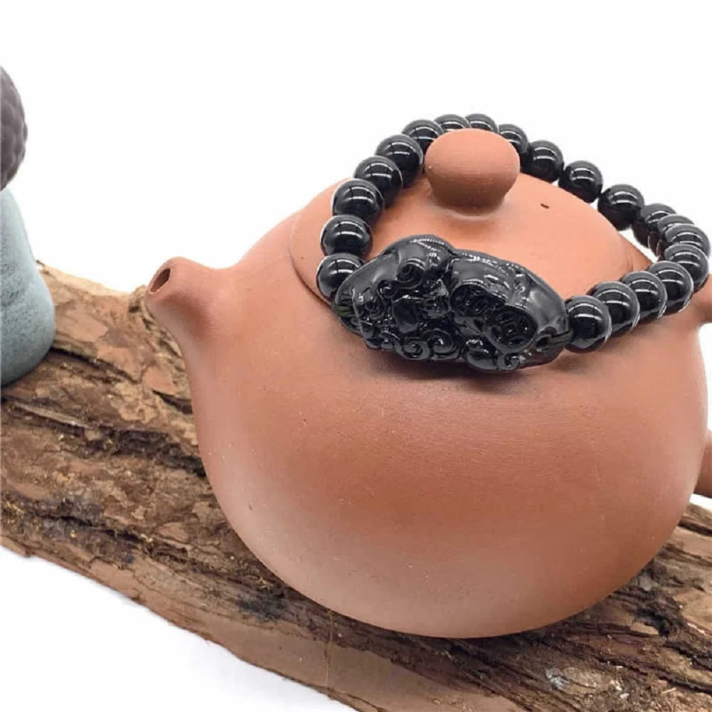 Fashion Jewelry Unisex Pixiu Men Attract Wealth Women Bracelets Obsidian Stone Beads Wristband Good Luck Bangle