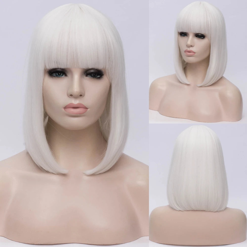 MSIWIGS Women Synthetic Straight Short Bob Wigs With Bangs Blue Golden Red Black White Purple Green Brown Cosplay Wig Female