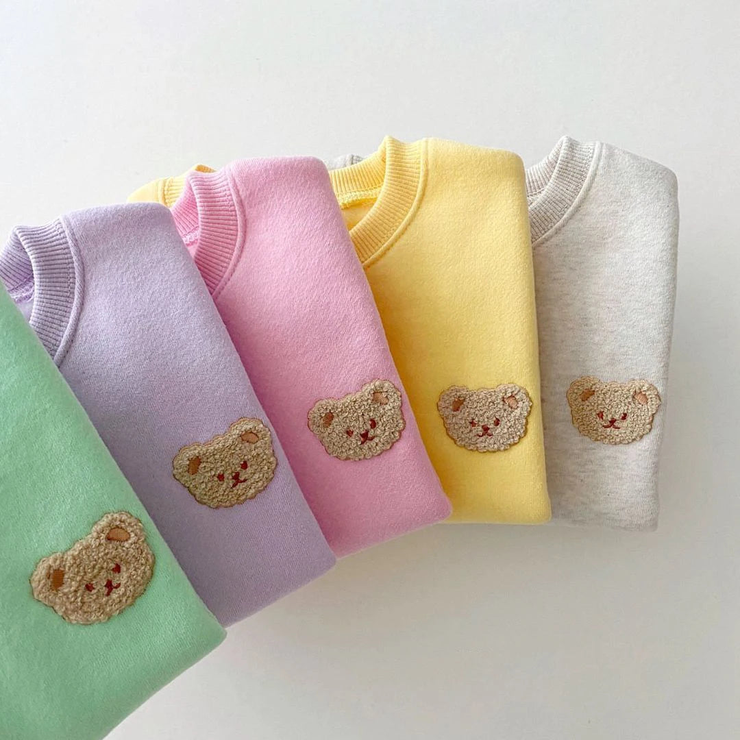 Korean Kids Bear Embroidery Fleece Pullover Set 1-5yrs Sweatshirt Tops+Harem Jogger Pants Suits 2pcs Girls Fleece Lined Clothes