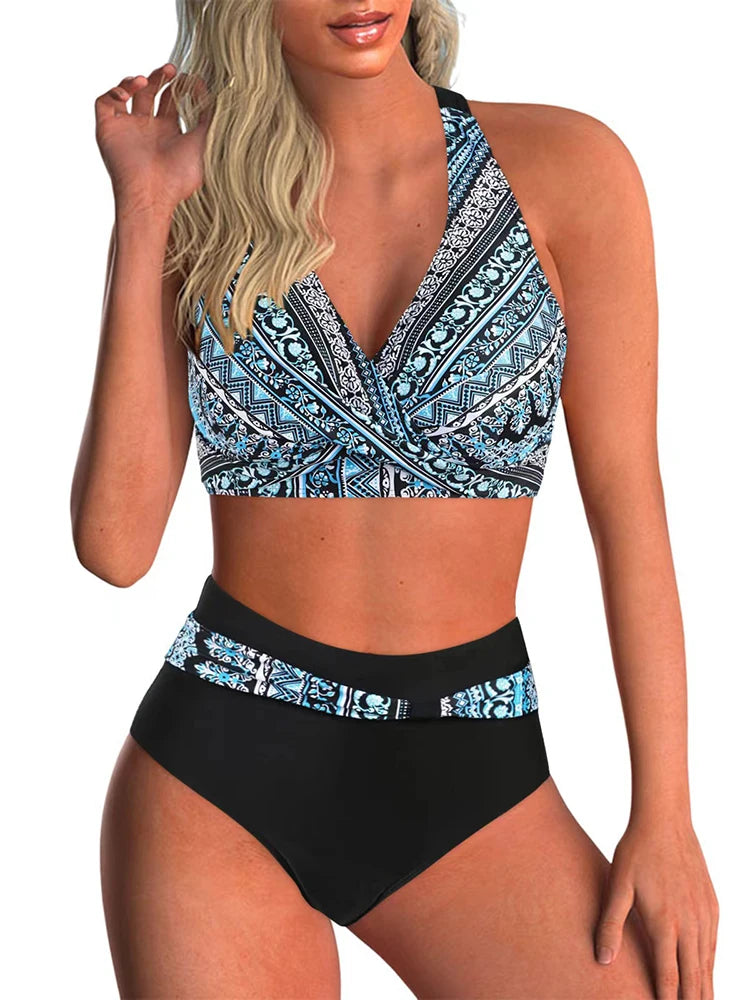 Circyy Print Swimsuit Women Split Swimsuit Contrast Color Striped Dot Bikini Set High Waisted Fashion Beachwear Summer 2025 New